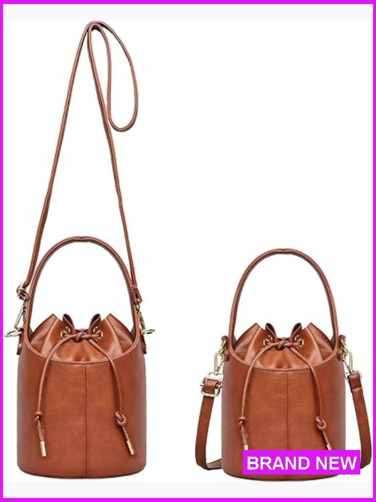 Drawstring Bucket Bag Crossbody Purse Faux Leather Hobo Handbag Adjustable Strap